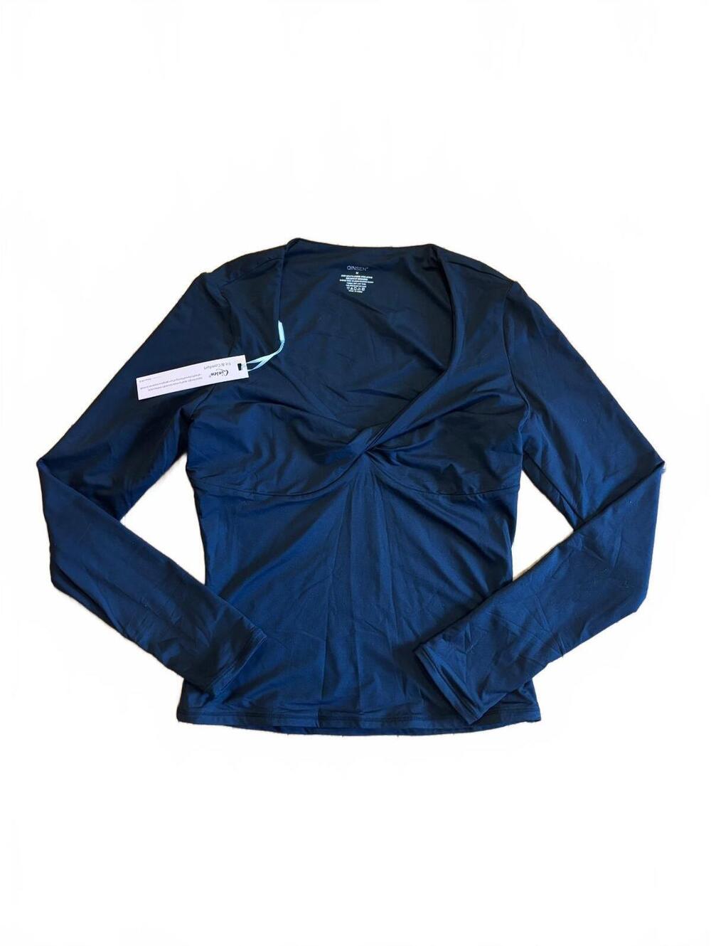 Qinsen Women's Long Sleeve V-Neck Twist Front Top Size M Navy Black